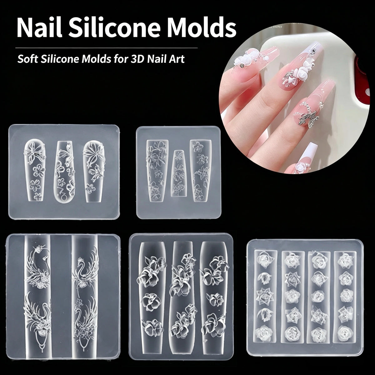 ANTINAI 3D Silicone Nail Art Molds | Embossed Nail Carving & Sculpture Silicone Templates