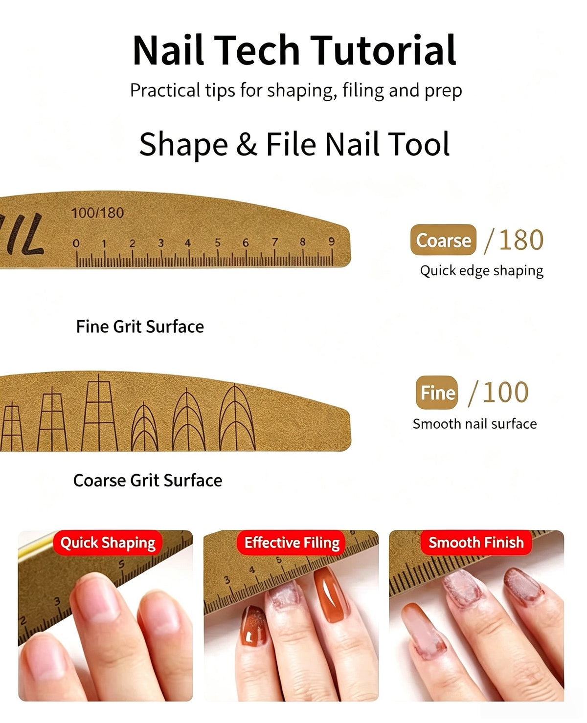 Nail Shape Scale Nail File, Double Sided Emery Board with Nail Shape Guide & Length Ruler for Salon Nail Shaping