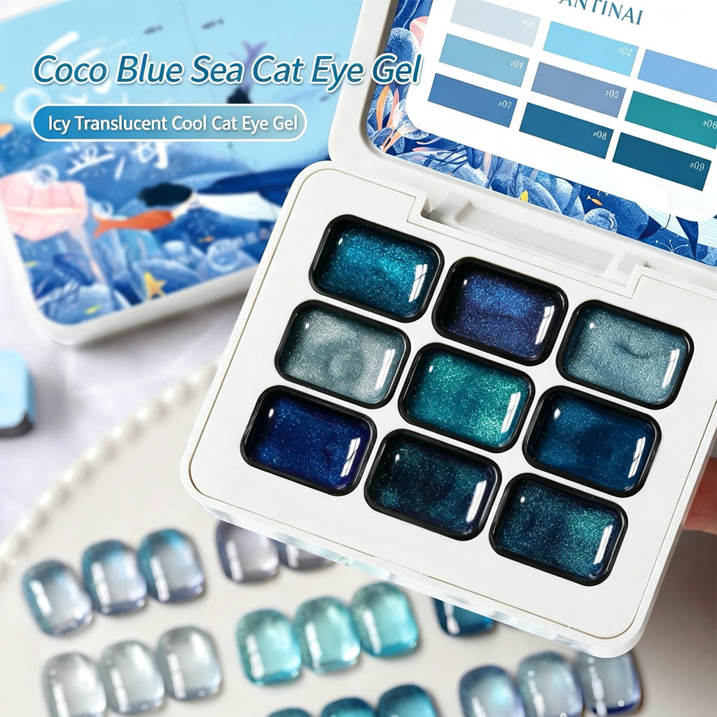 ANTINAI Coco Blue Sea Cat Eye Gel 9 Colors Set, Shining Blue Light Magnetic Nail Gel Polish