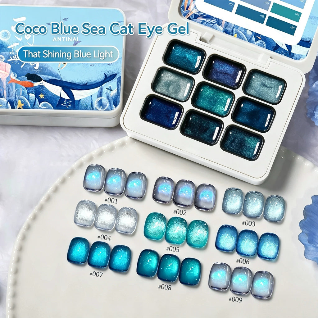 ANTINAI Coco Blue Sea Cat Eye Gel 9 Colors Set, Shining Blue Light Magnetic Nail Gel Polish