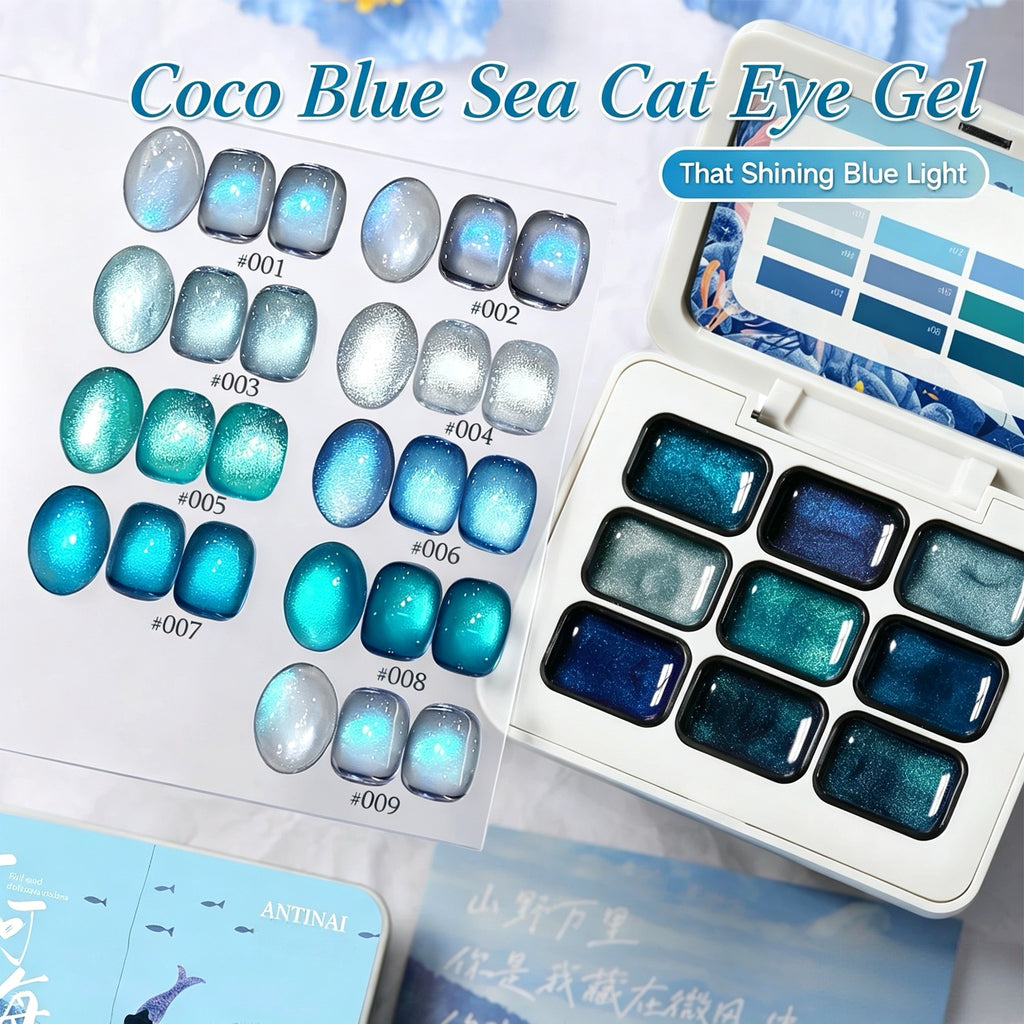 ANTINAI Coco Blue Sea Cat Eye Gel 9 Colors Set, Shining Blue Light Magnetic Nail Gel Polish