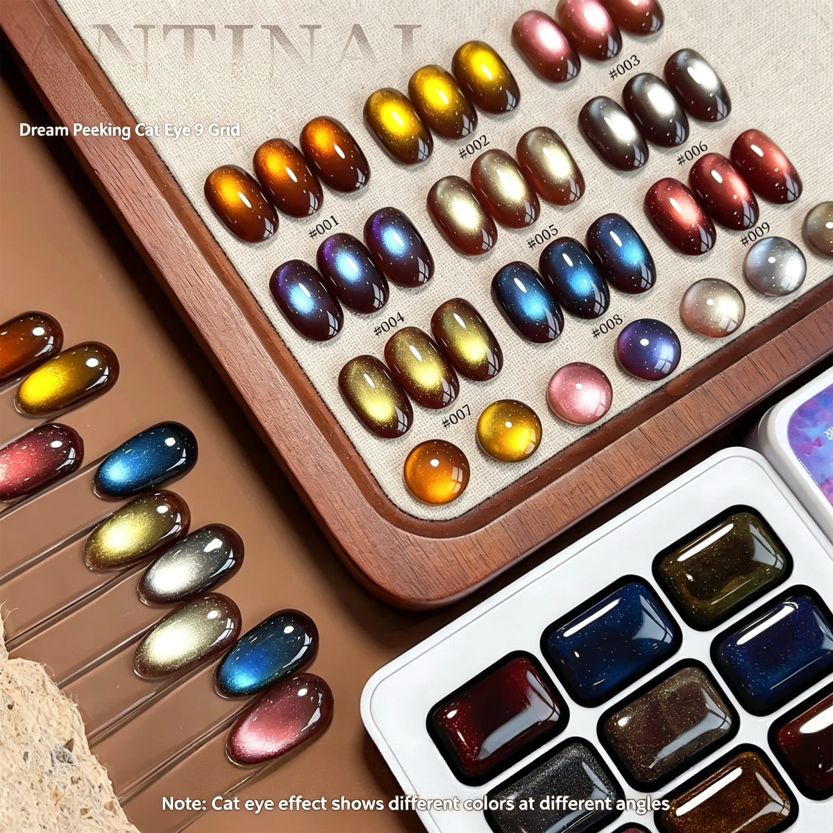 ANTINAI Dream Peeking Cat Eye Gel 9 Colors Set, Brown‑Base Natural Polarization Magnetic Nail Gel Polish